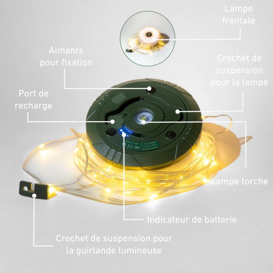 I80- Lampe de camping 3-en-1 : éclaire, dépanne, recharge