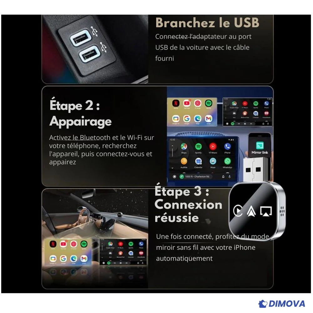 Adaptateur CarPlay sans fil 3-en-1 (Apple/Android)